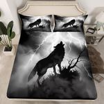 Wolf Fitted Sheet & Pillow Sham Set Safari Animal Bed Sheet Set for Kids Boys Girls Teens Home Decor Howling Wolf Bedding Set Luxury Lightning Wildlife Bed Cover No Flat Sheet Grey Black Queen Size