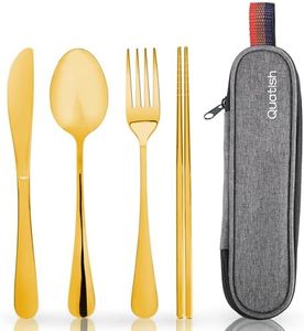 Travel Utensils with Case, Quatish Portable Silverware Set for Work, Stainless Steel Reusable Travel Cutlery Set, Fork and Spoon Set for Camping, Picnic, Gadgets, Lunch Box for Men, Gold