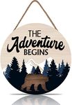 TOARTi The Adventure Begins Wooden Hanging Sign,Woodland Nursery Decor,Bear Mountain Inspirational Quotes Wooden Plank Sign for Home Cabin Decor,Forest Camping Sign for Camper Decor (12”X 12”)