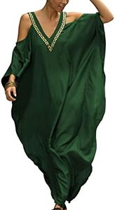 Bsubseach Cold Shoulder V Neck Plus Size Bikini Swimsuit Cover Ups Beach Kaftan Dresses for Women Dark Green