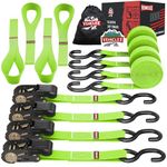 Vehiclex Ratchet Tie Down Straps (1800 Lbs Break Strength) - 15 Ft Versatile Straps for Powersports, Home, Garage, and Outdoor Use - Soft Loops, Deep S-Hooks & Comfort Grip Handle (4 Pack, Green)