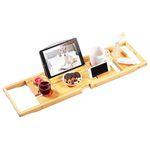 VaeFae Bamboo Bathtub Caddy Tray, Expandable Bath Tray for Tub with Upgraded Wine Slots and Book Holder - Ideal for One or Two Person Use