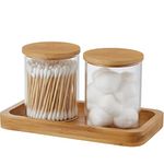 VKTY 2 Pack Glass Cotton Bud Holder, 10oz Bathroom Jars Canisters for Cotton Ball Qtip Storage Dispenzer, Cotton Pad Holder with Bamboo Lid