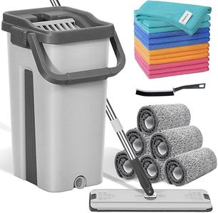 POGALA - Mop Bucket Set with 12 Microfiber Cleaning Towels and a Cleaning Brush, Mops for Floor Cleaning, Cleaning Tools, Mob, mop and Bucket with Wringer Set for Home with 6 Washable Microfiber Pads