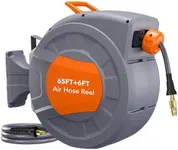 GarveeTech Retractable Air Hose Reel - 65 FT x 3/8 IN with 6 FT Lead in Max 300 PSI, 180° Swivel Bracket Wall Mount Hybrid Air Compressor Hose Reel with Quick Coupler for Garage Workshop…