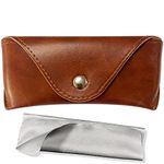 Portable Leather Glasses Case,Durable Soft Sunglasses Pouch Slim Case for Women Men Horizontal Eyeglass Case （Button - Brown）