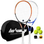 bo'weiqi 27" Recreational Tennis Racket Set 2 Players Lightweight Pre-Strung Tennis Racquets for Beginners, Including 3 Balls, 2 Overgrips, 2 Vibration Dampers and 1 Bag (Blue and Orange)