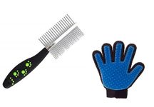 Yuppy Puppy Pet Care Combo of Massage Glove with Paw Print Handle Double Sided Hairbrush Dog Grooming Comb for Dogs and Cat Hair Removal Deshedding Five Finger Glove With Steel Grooming Comb