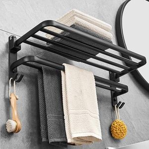 No Drilling Towel Rack Foldable Towel Shelf Towel Bar Towel Holder for Bathroom Wall, Matte Black Towel Holder Bathroom Accessories, Bathroom Towel Rack Wall Mounted Stainless Steel 24 Inch