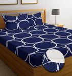 DECOMIZER Cotton Feel All Around Elastic Fitted Glace Printed Queen Size Double Bed Bedsheet With 2 Large Pillow Covers Fits Upto Mattress Of 8 Inches,Size - 60 X 78 X 10 Inches,Navy Oval, 300 tc