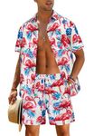 EISHOPEER Men's Hawaiian Shirts and Shorts Set 2 Pieces Button Down Short Sleeve Beach Vacation Outfits White & Flamingo Small