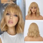 BARSDAR Short Wavy Blonde Wig With Bangs - 14 Inch Short Blonde Wigs With Bangs for Women, Pastel Wavy Synthetic Shoulder Length Tay lor Wigs Daily Party Halloween- Blonde Mixed