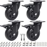 4 Inch Swivel Plate Caster Wheels, All Black Heavy Duty Casters Set of 4 with Brake, Polyurethane Locking Caster Wheels for Cart, Workbench, Load 2000lbs