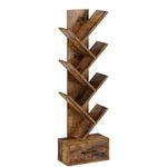 Rolanstar Bookshelf with Wooden Drawer, 7-Tier Tree Bookshelf, Freestanding Storage Shelf for Books/CDs/Plants, Rustic Brown Bookcase, Utility Organizer Shelves for Living Room, Home Office, Bedroom