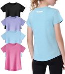 EXARUS 4 Pack Girls Athletic Shirts Quick Dry Short Sleeve Tshirts Crewneck Tee Workout Activewear Tops for Kids 8-16Y, Set 4, 12 Years