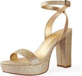 Ankis 4 Inch Chunky Heels Sandals for Women - Open Toe Block Heeled Sandals in Nude, White, Silver, Gold, Black - Size 8, Gold Glitter