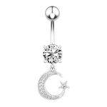 Belly Button Ring Dangle Moon and Stars for Women Girl Sexy Surgical Steel Cute Dainty Boho Long Bar Dangly Belly Button Rings Hypoallergenic Jewelry for Teens Girlfriend (Silver)