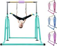 kechery Foldable & Moveable Gymnastics Horizontal Bar with Rings,3’to 5’Adjustable Height Expandable Junior Kip Bar for Home,Indoor Gym Equipment for Kids (Foldable Teal with Rings)