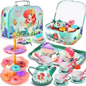 FAMKEEP 48PCS Juego de té Infantil, Juego de té Juguete con Postre Juguete, Accesorios Cocina Juguetes y Juegos de simulación de Cocina,Juguete Regalo para Niñas 3 4 5 6 7 años