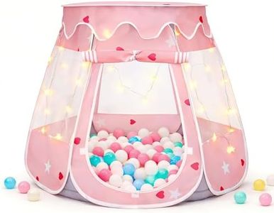 Pop Up Princess Tent with Star Lights for 1 2 3 Year Old Girl Birthday Gifts, Ball Pit for 12-18 Months Baby Girl Toys, Toddler Gifts with Carrying Bag, Indoor&Outdoor Play Tent for Kids (Pink Gray)
