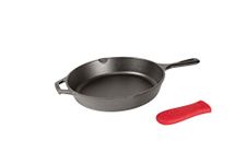 Lodge Manufacturing Company Pre-Seasoned Cast Iron Skillet with Red Silicone Hot Handle Holder, 10.25", Black