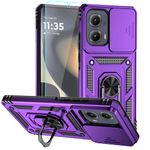 for Motorola Edge 2024 Case, Silicone Rubber Bumper Hard Plastic Phone Case with [Sliding Camera Lens Cover] [360° Rotatable Kickstand Ring] [HD Screen Protector] for Motorola Moto Edge 2024 Purple