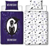 Character World Wednesday Official Single Duvet Cover Set | Destined Design Reversible 2 Sided Bedding Including Matching Pillow Case Single Bed Set | Purple Polycotton