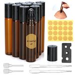 Essential Oils Roller Bottles, 10pcs Roll on Bottles with Stainless Steel Ball, 10ml Glass Roller Bottles with Bottle Opener, Dropper, Pipette, Label for Essential Oil, Fragrance, Aromatherapy (Brown)