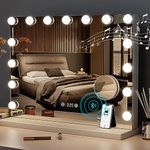 FOREHILL Hollywood Vanity Mirror with Bluetooth Speaker LED Makeup Mirror with Lights 15 Dimmable Bulbs 3 Colour Modes Touchscreen Control 10x Magnifier Large Vanity Mirror for Bedroom 58x46x12cm