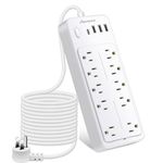 25 FT Power Strip with Surge Protection 1700J, 14 Outlets and 4 USB Ports (1 USB-C), 16AWG 1625W/13A, Flat Plug, White