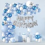 Upgraded 105pcs White Blue Birthday Party Decorations for Men Boys Kids, 3D Foil Happy Birthday Banner + White Blue Confetti Metallic Balloons Garland Arch Kit +Pump+Complete Accessories
