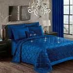 Luxury 3 Piece Quilted Bedspread Comforter Coverlet Crushed Velvet Quilt Throw Bedding Set with Oxford Pillow Shams (Blue, Double)