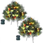 Glintoper Pre-lit Christmas Urn Filler, Lighted Artificial Mini Xmas Pine Trees with Tripod Stake, Light Up 8 Modes & Timer, Battery Powered Outdoor Planter Filler Festival Holiday Home Decor, 2 Pack