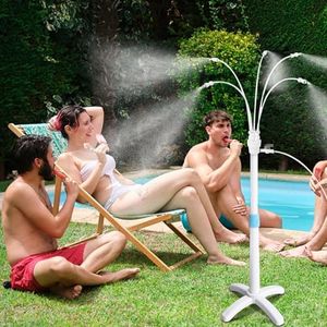 Misters for Outside Patio, Standing Misting Cooling System, Portable Water Mist Hose Kit for Outdoor, Adjustable Height & 5 Spray Nozzles for Backyard BBQ Cool Pool Tanning Garden Kids Having Fun.