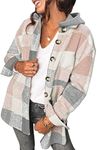 SHEWIN Womens Casual Plaid Shacket Jacket Hoodie Long Sleeve Button Down Hooded Flannel Shirts Coats Tops Fall Clothes for Women 2024,US 4-6(S),Pink