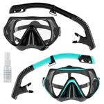 Snorkel Set Adults, Scuba Snorkelling Packages with 180° Panoramic Anti-Fog Tempered Glass Snorkel Mask, Leak Proof Dry Top Snorkel for Snorkeling Diving Swimming with Anti Fog Spray（Black+Green）