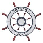 Asense Ornamental Wall Decoration Wooden Nautical Ship Steering Wheel With Welcome Aboard Word, 24-inch, White