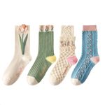 HAOXYO 4 Pairs Ladies Socks,Cute Womens Floral Socks,Pop Socks,Slouch Socks,Frilly Socks Women Vintage Floral Patterned Cotton Crew Socks,Vintage Embroidered Floral Socks