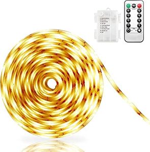 Criacr 150 LED Strip Light, 5M Cuttable LED Strip Lights, Battery Strip Lights with Remote Timer, Self-Adhesive, Dimmable, 8 Modes, Waterproof for Kitchen, Bedroom, Computer, TV Decor (Warm White)