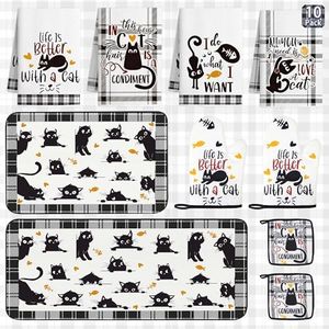 Vetoxka 10 Pcs Black Cat Themed Kitchen Decor and Accessories - Sets 4 Kitchen Towels 2 Pot Holders 2 Oven Mitts 2 Rugs for Bathroom Cute Kitty Cooking Farmhome Housewarm Kitten Checkered Baking Gifts