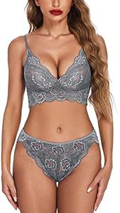 ADOME Women's Lace Lingerie Bra and Panty Set Strappy Babydoll Bodysuit S-XXL (X-Large, Grey)