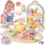 Atoylink Wooden Tea Set for Toddlers Tea Party Set with Wooden Play Food Cupcake Stand Kitchen Accessories Role Play Wooden Toys Educational Toys Birthday Gifts for 2 3 4 5 6+ Years Old Girls Kids