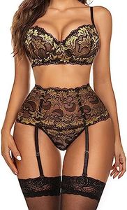 Avidlove Women Lingerie Set with Garter Belts Sexy Bra and Panty Underwire Push Up Lingerie Sets(Gold Yellow,L)