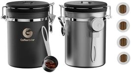 Coffee Canister - Coffee Gator Stainless Steel Coffee Container - Fresher Beans and Grounds for Longer - Date-Tracker, CO2-Release Valve and Measuring Scoop - 2-Pack, Silver/Gray