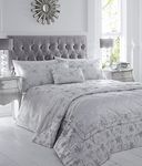 Homespace Direct Ravina Jacquard Woven Quilt Duvet Cover and 2 Pillowcase Bed Set Floral, Polyester, Silver, King