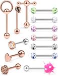 Hoeudjo 13Pcs 14G Surgical Steel Tongue Rings Teaser Double Barbell with Slave Ring Body Piercing Jewelry for Women Men 16mm Rose Gold Heart Diamond Flower