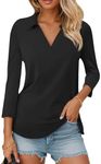 Cnlinkco 3/4 Sleeve V Neck Polo Shirts for Women Plus Size Casual Loose Fit T-Shirt Trendy Comfy Cute Blouse with Collar Black