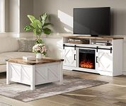 WAMPAT Farmhouse Living Room Table Set of 2,1 Electric Fireplace Sliding Barn Door TV Stand and 1 Square Wood Coffee Table with Gas Struts Flip-Top for Large Hidden Storage,Metal Bracket Corner,White