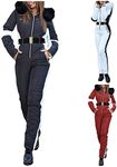 AILIEE Women's Ski Suit Winter Warm Snowsuit, Women Onesies Ski Jumpsuit Fur Collar Skiing Jacket Snowsuit with Hoodies Non-Removable Outdoor Sports Pants Ski Suit Waterproof Ski Jumpsuit (Black, M)