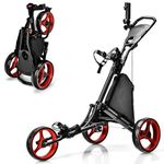 ULTIMATE 3 Wheel Golf Push Cart, Aluminum Folding Golf Walking Push Cart w/Elastic Strap, Umbrella & Cup Holder, Scoreboard Storage, Insulated Storage Bag, Adjustable Handle & Foot Brake (Red)